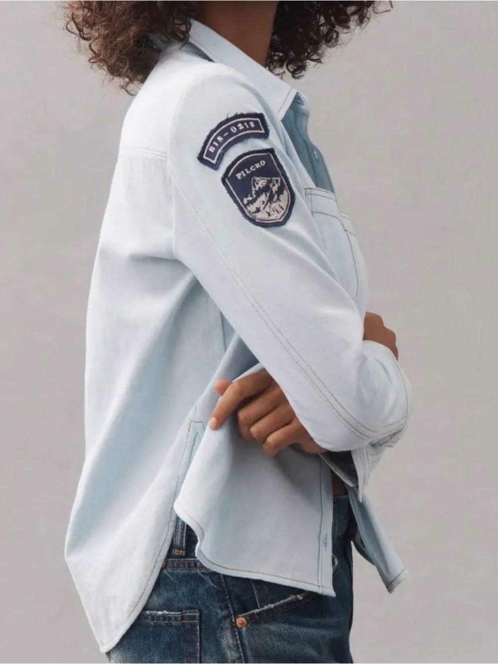 Pilcro Light Blue Button-Down Shirt Jacket with Sleeve Patch Cotton - M
